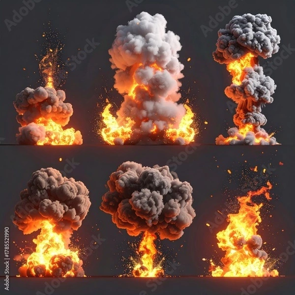 Obraz Six fiery explosion cloud formations, smoke, and embers