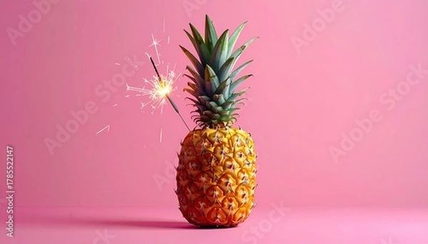 Obraz Pineapple with sparkler on pink background, festive