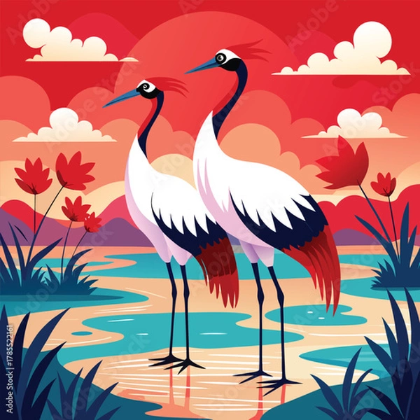 Obraz Elegant Cranes at Sunset Illustration