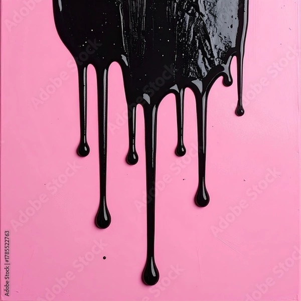 Obraz Black liquid drips vertically on pink. Abstract, minimal