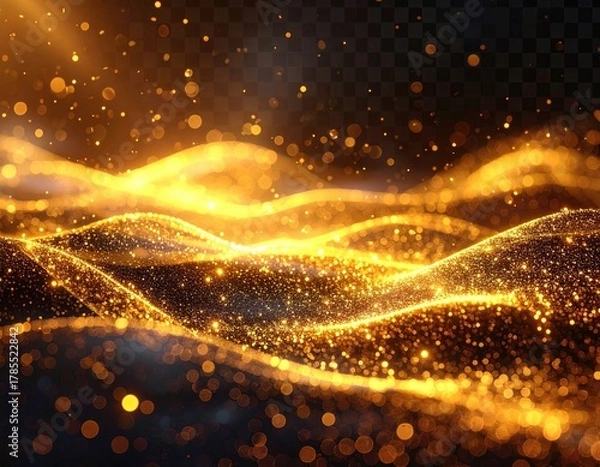 Obraz Golden, flowing, sparkling wave forms over a dark background
