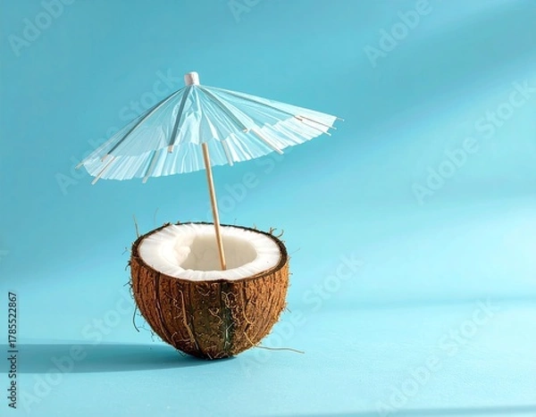 Obraz Coconut cocktail, light blue background, tiny umbrella detail
