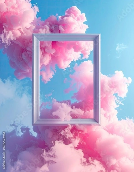 Obraz Pink smoke frames blue sky. Soft, dreamlike composition