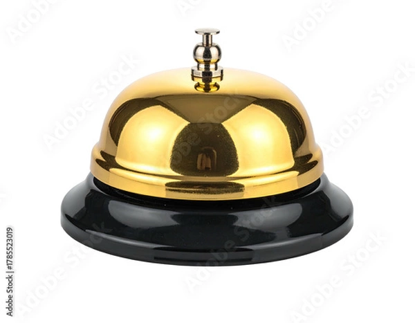Obraz A shiny gold bell sits atop a black base, isolated against a dark background