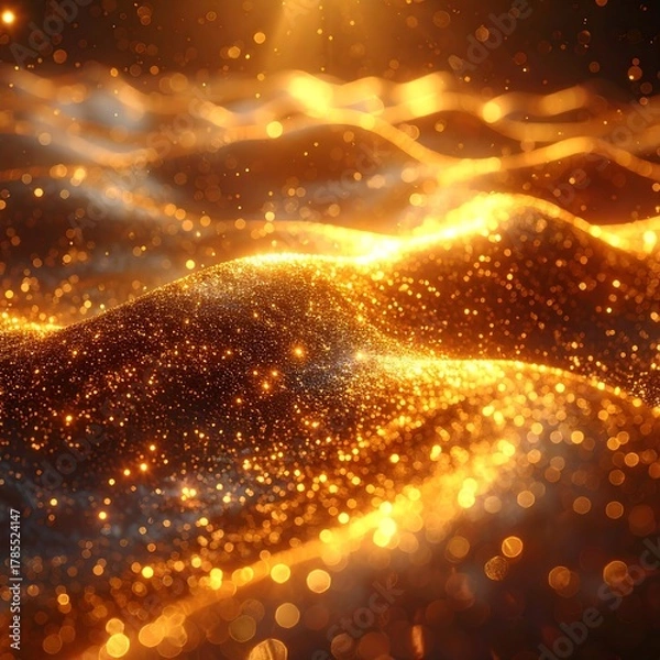 Fototapeta Abstract golden wave with sparkling particles, illuminated by celestial light