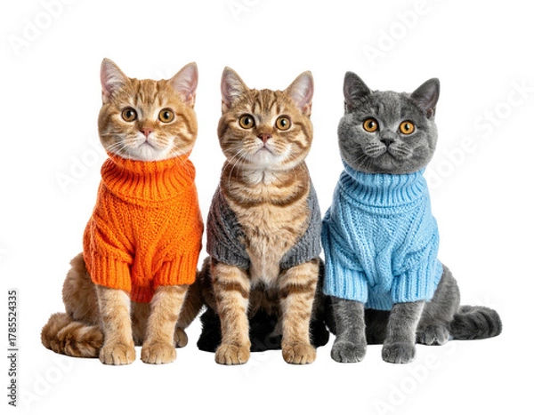 Obraz Three cats wearing colorful sweaters, seated, looking directly at the viewer