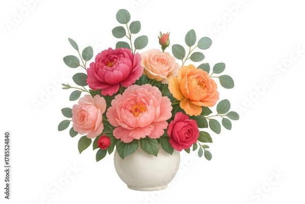 Fototapeta Vase holding a colorful bouquet of blooming roses and peonies, accented with green leaves, bringing elegance and freshness