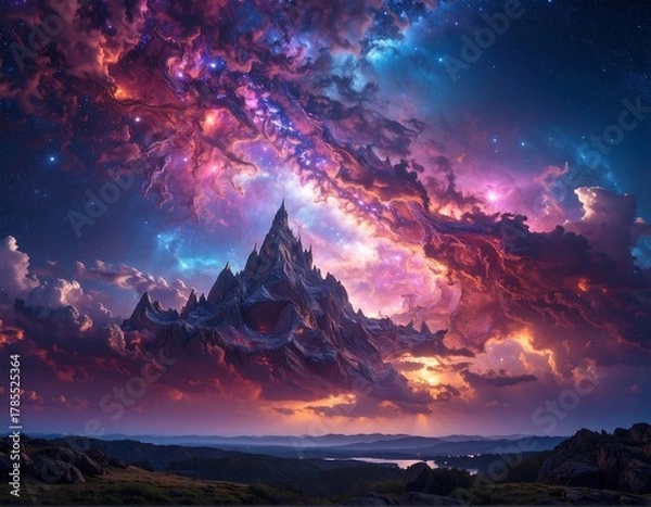 Fototapeta Dramatic mountain range beneath a vibrant, swirling celestial display