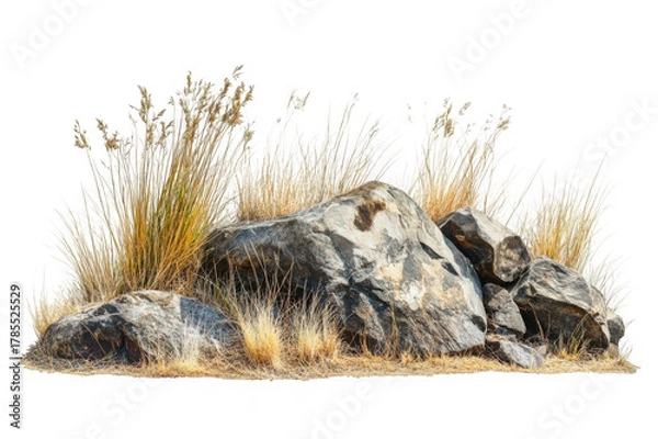 Fototapeta Large gray boulders with dry golden grass isolated on black background rock stone