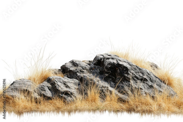 Fototapeta Rocky outcrop with dry golden grass against black background stone boulder image