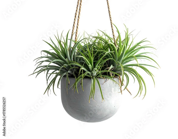 Obraz A round gray hanging planter holds spiky, green plants with cord supports