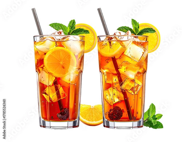 Fototapeta Two tall glasses filled with iced tea, lemon slices, mint, and ice cubes
