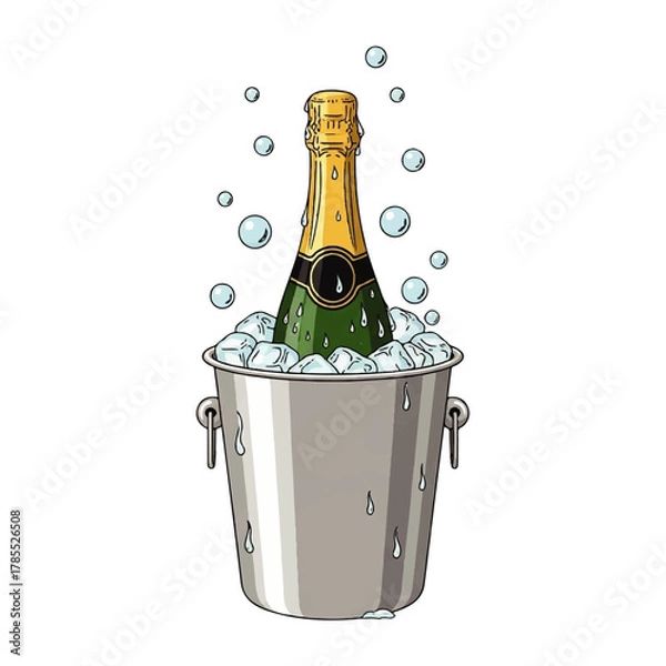 Obraz Champagne bottle in ice bucket with bubbles, illustration.