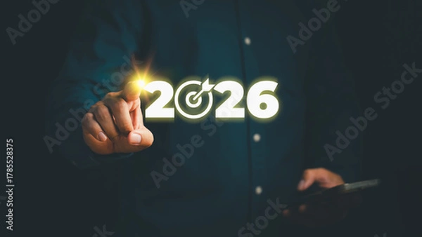 Fototapeta Business vision and goal concept for year 2026 showing person pointing at glowing number 2026 with target icon, representing future planning, achievement, and strategic success.