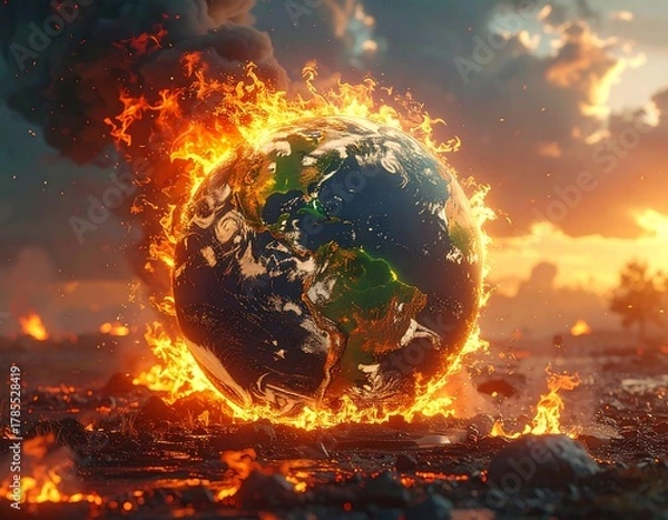 Fototapeta Earth engulfed in flames, symbolizing climate change devastation