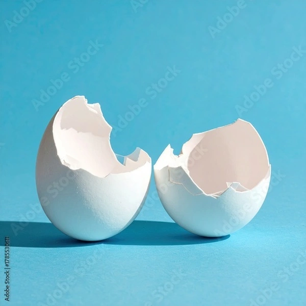 Fototapeta Cracked eggshell halves sit on light blue surface