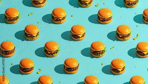 Fototapeta Burger array. Cheeseburgers on a light blue background