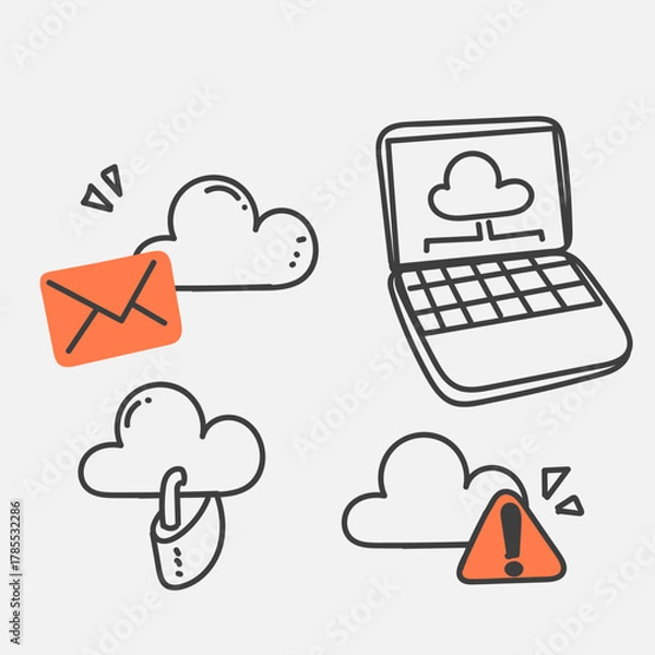 Fototapeta cloud computer related doodle hand drawn style collection