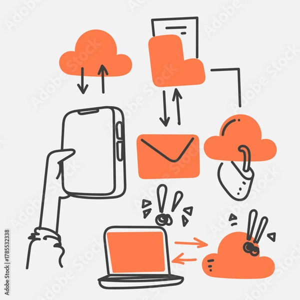 Fototapeta cloud computer related doodle hand drawn style collection