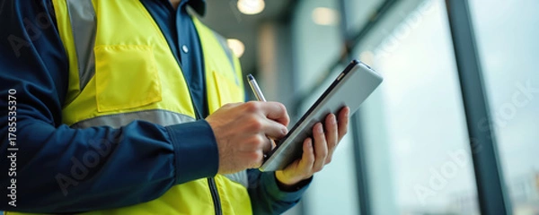 Fototapeta Building inspector checks building safety system. Man holds digital tablet and pen. Person wears reflective vest and blue shirt. Worker reviews checklist near window during construction audit.