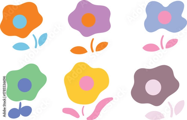 Fototapeta Set of six colorful cartoon flowers with stems and leaves, isolated on white background