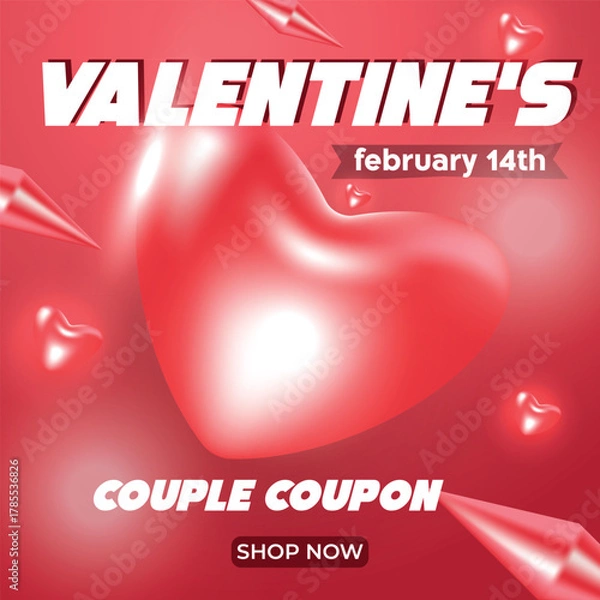 Fototapeta Happy Valentine's day banner poster template. 3D Happy valentine’s day sale banner template. Background for valentine day