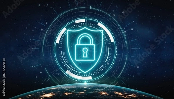 Fototapeta Glowing digital security shield protecting a global network over Earth from space