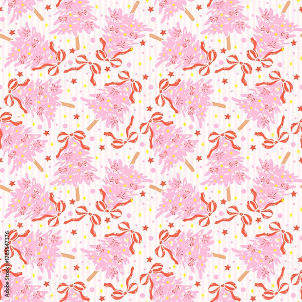 Obraz Coquette Preppy Pink Christmas Tree Seamless Pattern Repeat Wallpaper isolated on stripes background