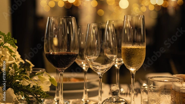 Obraz Red and white wine glasses on a beautifully set table, Fine dining and wine, Luxury table setting.
