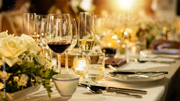 Obraz Red and white wine glasses on a beautifully set table, Fine dining and wine, Luxury table setting.