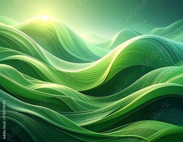 Fototapeta Flowing, abstract emerald waves under a luminous, sunlit sky