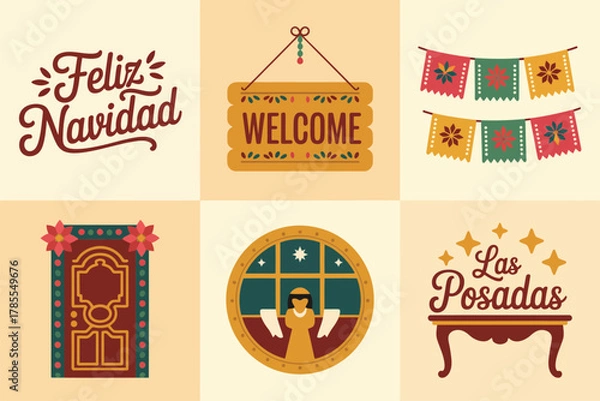 Fototapeta Flat vector icons for Feliz Navidad, showing welcome signs, traditional Mexican door, festive table, and decorative banners,