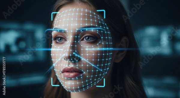 Fototapeta Futuristic facial recognition technology analyzing a woman's features in a high-tech environment