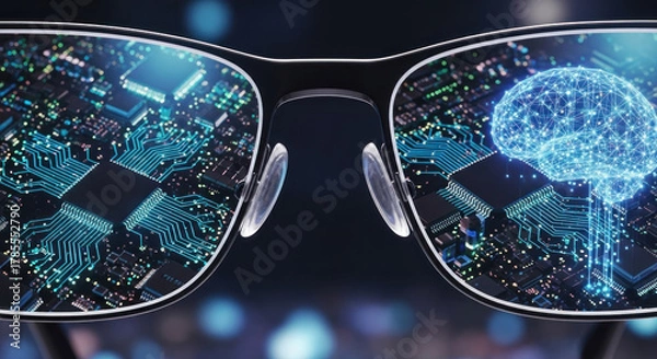 Fototapeta Futuristic glasses reflecting a digital brain and circuit board, symbolizing technology and innovation