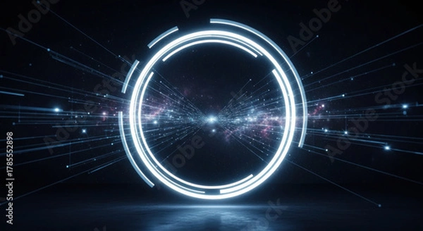 Fototapeta Futuristic glowing circular portal with radiant energy beams in a dark cosmic environment