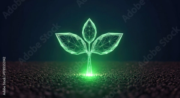 Fototapeta Futuristic green plant sprouting from glowing ground, symbolizing growth and technology in nature