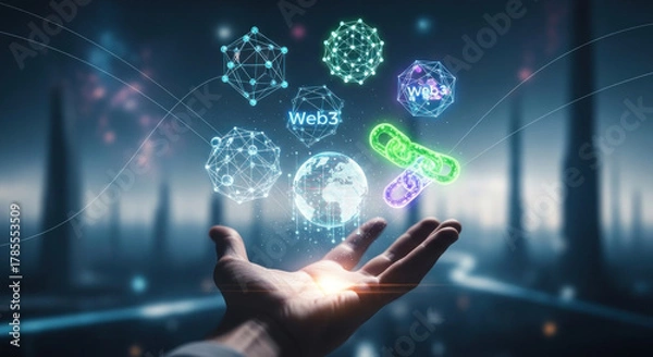 Fototapeta Futuristic hand reaching out to a holographic globe with digital symbols representing Web3 technology
