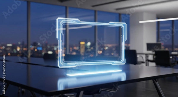 Fototapeta Futuristic holographic display in a modern office overlooking a city skyline at night