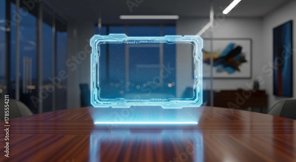 Fototapeta Futuristic holographic display on a sleek wooden table in a modern office with city skyline view