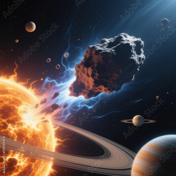 Fototapeta A large comet flies past planets in space.