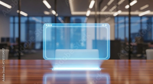 Fototapeta Futuristic holographic interface displayed on a wooden table in a modern office environment