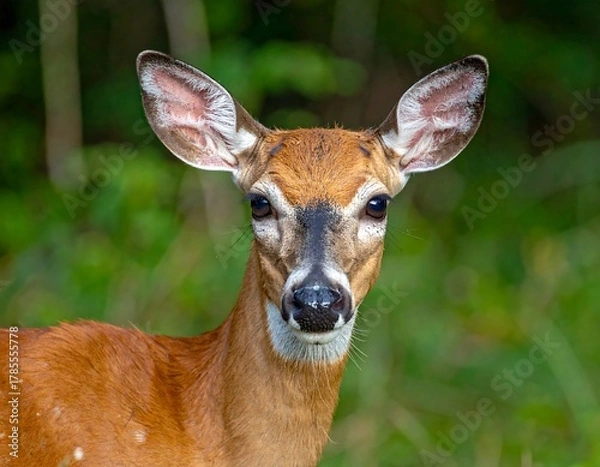 Obraz Close-up of a deer's face, staring intently with a forest backdrop