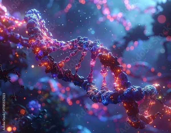 Obraz Close-up of a glowing, blue and purple double helix