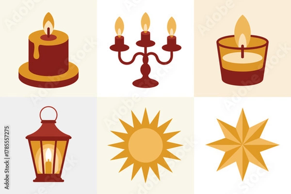 Fototapeta Outline color icons for spiritual guidance, illustrating lanterns, sun, stars, and decorative candles in various holders,