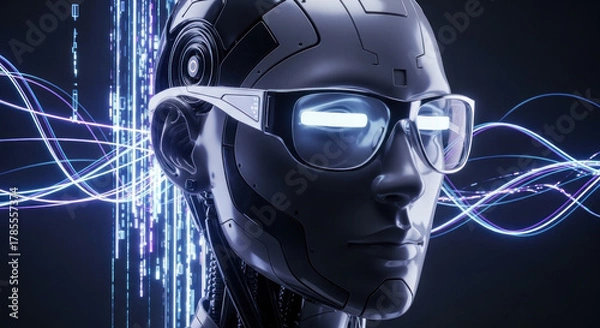 Fototapeta Futuristic humanoid robot with glasses, showcasing advanced technology amidst vibrant digital waves