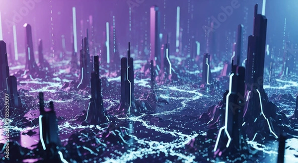Fototapeta Futuristic landscape with glowing structures and flowing water, creating a vibrant digital atmosphere