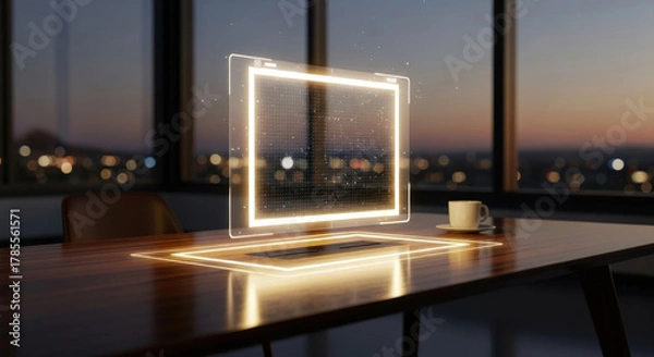 Fototapeta Futuristic office workspace at sunset featuring a holographic display and a coffee cup