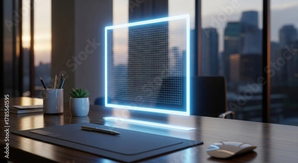 Fototapeta Futuristic office workspace featuring a glowing holographic display with a city skyline backdrop