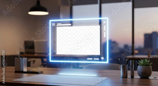Fototapeta Futuristic office workspace featuring a holographic display with a transparent screen at sunset