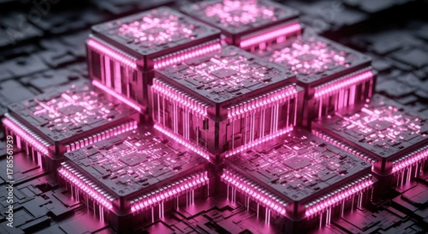 Fototapeta Futuristic pink-lit microchips arranged in a geometric pattern on a dark, intricate circuit board background